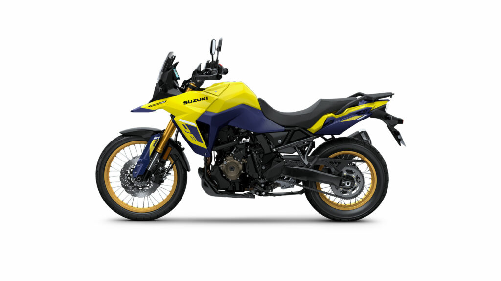 coté gauche de la nouvelle moto Suzuki dl800de 2023, coloris jaune